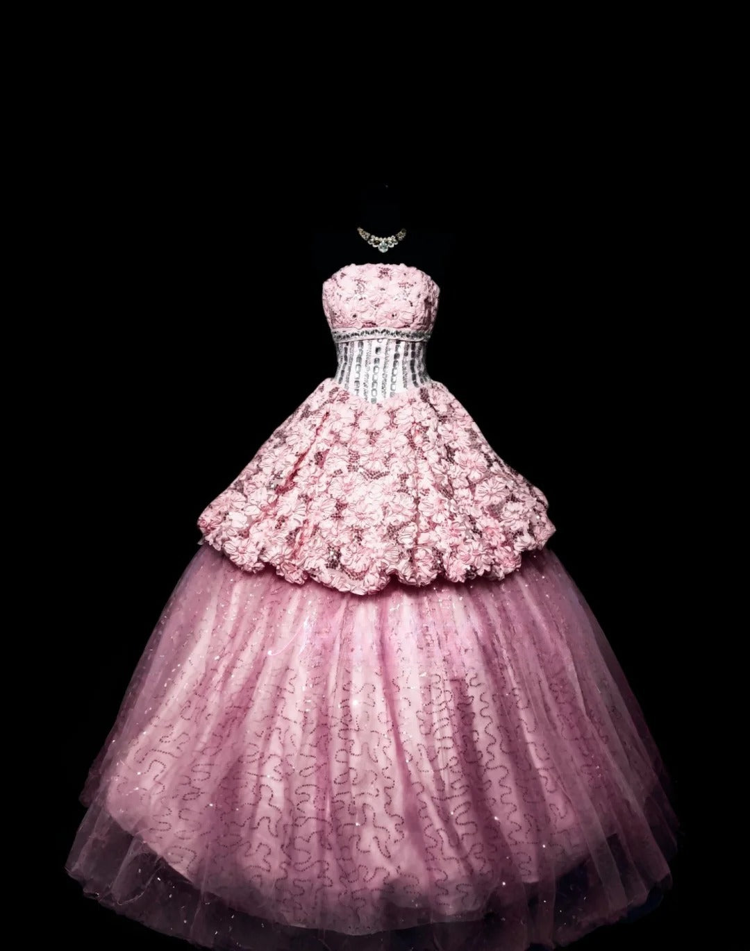 Modest Ball Gown Strapless Pink Tulle Long Quinceanera Dresses With Flowers For Sweet 15 15 Anos Celebration Birthday Formal Gown RB8886