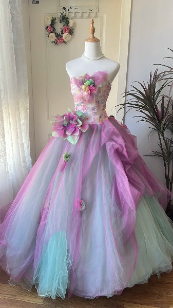 Elegant Sweet 16 Dress Long Strapless Pink With Flowers Ball Gown Sweet Sixteen Party Birthday Dresses RC0595