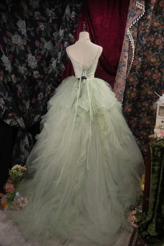 Sophisticated Ball Gown Spaghetti Straps Mint Green Tulle Long With Ruffled Quince Dress Impress Party Gowns Sweet 16 Outfits RB8515