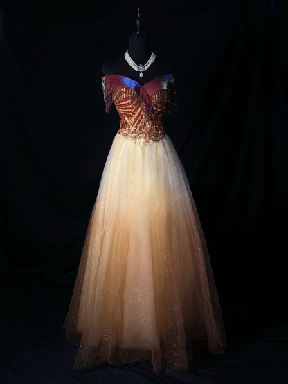 Vintage 90s Prom Dresses Ball Gown Off The Shoulder Gold Tulle With Crystals Party Gown Formal Outfits RB6107