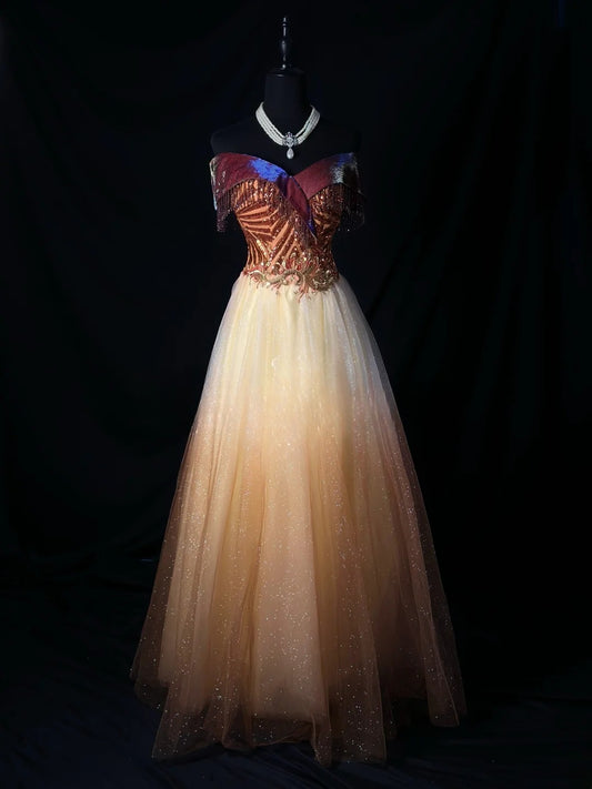 Vintage 90s Prom Dresses Ball Gown Off The Shoulder Gold Tulle With Crystals Party Gown Formal Outfits RB6107