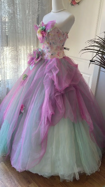 Elegant Sweet 16 Dress Long Strapless Pink With Flowers Ball Gown Sweet Sixteen Party Birthday Dresses RC0595
