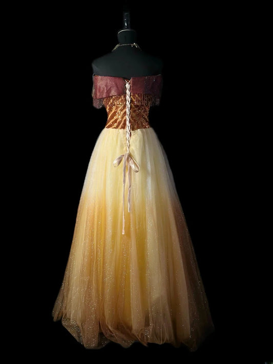 Vintage 90s Prom Dresses Ball Gown Off The Shoulder Gold Tulle With Crystals Party Gown Formal Outfits RB6107