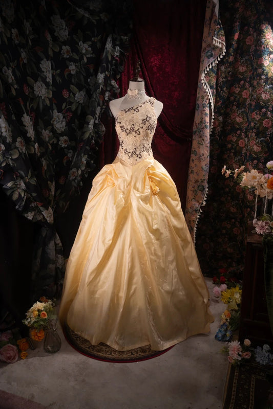 Cute Ball Gown Formal Events High Neck Yellow Organza With Lace Quince Dress Quinceanera Dresses Birthday Outfits RB8515