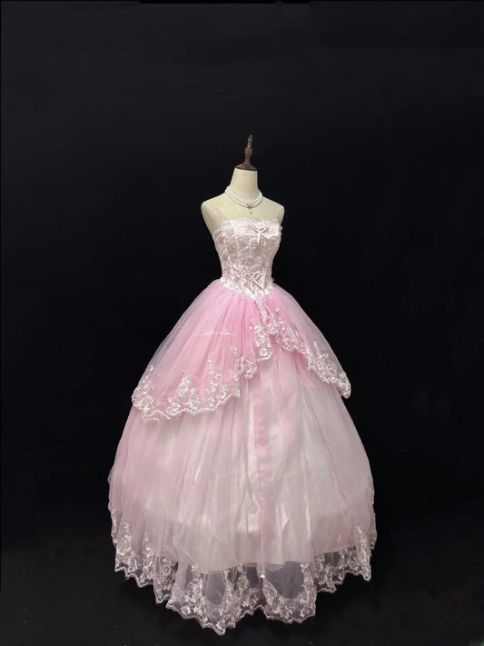 Classy Ball Gowns Strapless Pink Poofy Long With Appliued Lace Quince Dress Sweet 16 inspo Quinceanera Dresses Vestidos De 15 anos RB7657