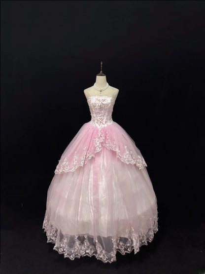 Classy Ball Gowns Strapless Pink Poofy Long With Appliued Lace Quince Dress Sweet 16 inspo Quinceanera Dresses Vestidos De 15 anos RB7657