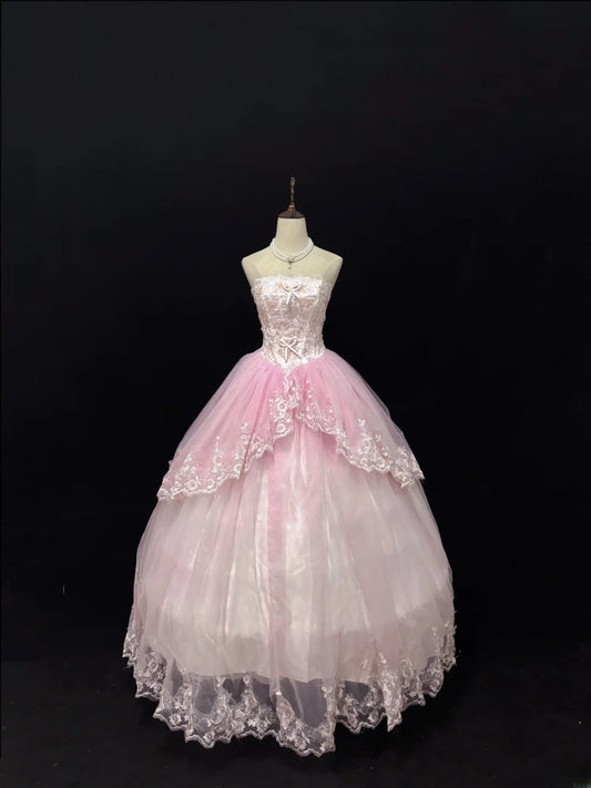 Classy Ball Gowns Strapless Pink Poofy Long With Appliued Lace Quince Dress Sweet 16 inspo Quinceanera Dresses Vestidos De 15 anos RB7657