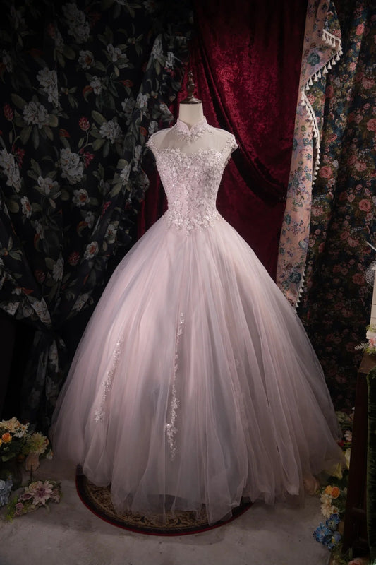 Sophisticated Ball Gown High Neck Pink Tulle Long With Sleeves Quince Dress Impress Party Gowns Sweet 16 Outfits RB8516
