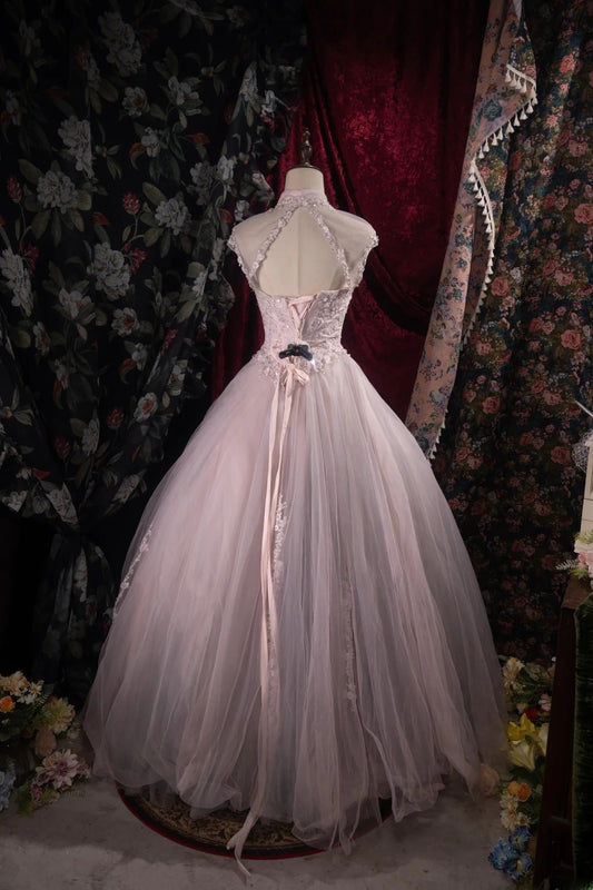Sophisticated Ball Gown High Neck Pink Tulle Long With Sleeves Quince Dress Impress Party Gowns Sweet 16 Outfits RB8516