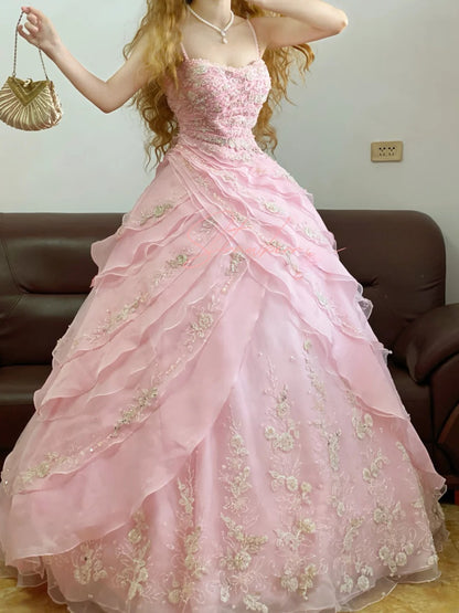 Quinceanera Dress Spaghetti Straps Pink With Flowers Appliqued Ball Gown Sweet 15 Gown RB9250