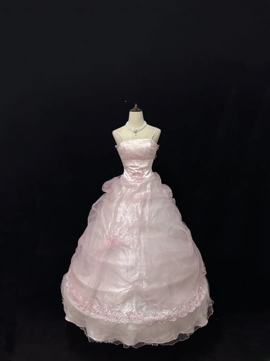 Classy Ball Gowns Straps Pink Poofy Long With Appliued Lace Quince Dress Sweet 16 inspo Quinceanera Dresses Vestidos De 15 anos RB7659