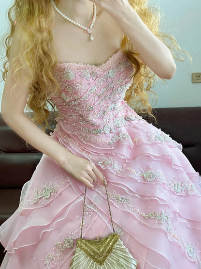 Quinceanera Dress Spaghetti Straps Pink With Flowers Appliqued Ball Gown Sweet 15 Gown RB9250