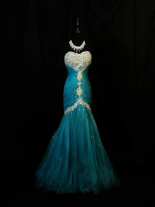 Beautiful Prom Dresses Mermaid Sweetheart Tulle Blue With Beading Crystals Long Formal Outfits RB6108
