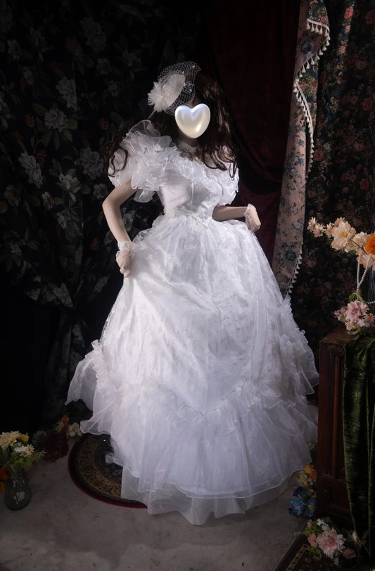 Vintage Ballkleid eckiger Ausschnitt weißer Tüll 2000er mit Puffärmeln lang Herbst Winter Brautkleid Hochzeitskleider RB8518