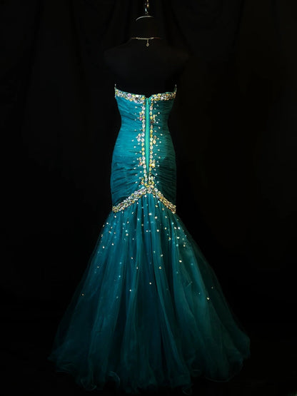 Beautiful Prom Dresses Mermaid Sweetheart Tulle Blue With Beading Crystals Long Formal Outfits RB6108