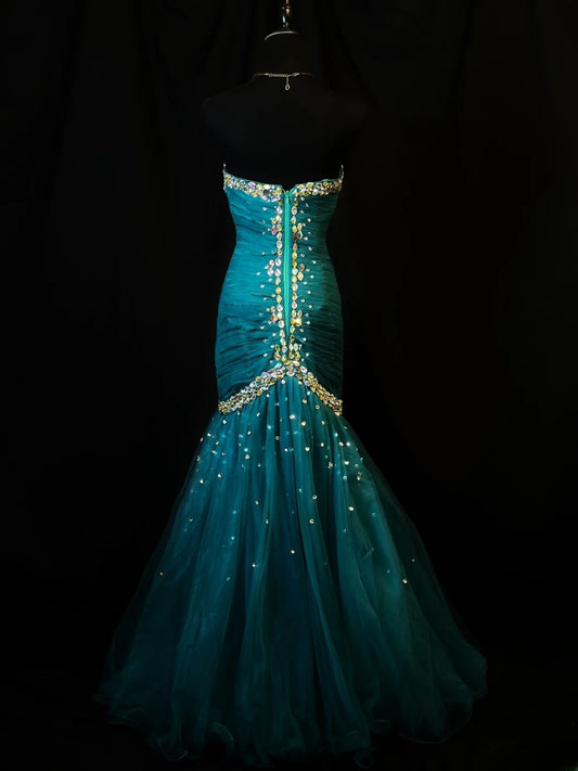 Beautiful Prom Dresses Mermaid Sweetheart Tulle Blue With Beading Crystals Long Formal Outfits RB6108