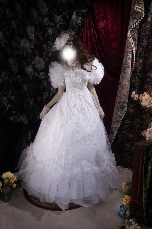 Vintage Ballkleid eckiger Ausschnitt weißer Tüll 2000er mit Puffärmeln lang Herbst Winter Brautkleid Hochzeitskleider RB8518