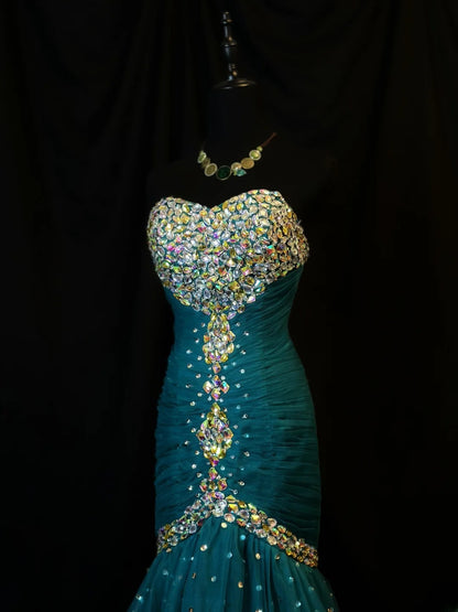 Beautiful Prom Dresses Mermaid Sweetheart Tulle Blue With Beading Crystals Long Formal Outfits RB6108
