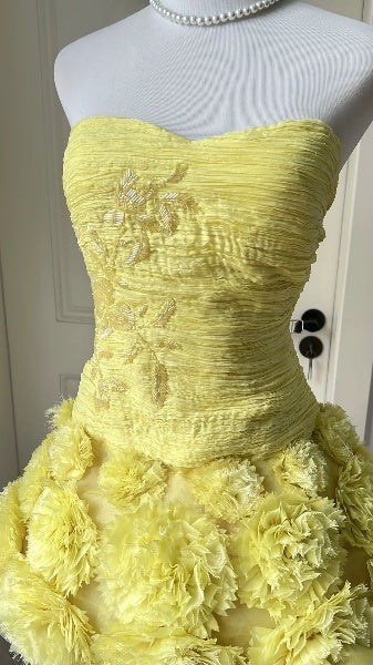 Hoco Dress Ball Gown Strapless Yellow Flowers Short Homecoming 17th Birthday Party Dress RC0599