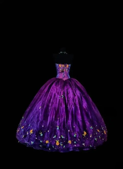 Modest Ball Gown Strapless Purple Long Quinceanera Dresses With Appliqued For Sweet 15 15 Anos Celebration Birthday Formal Gown RB8889