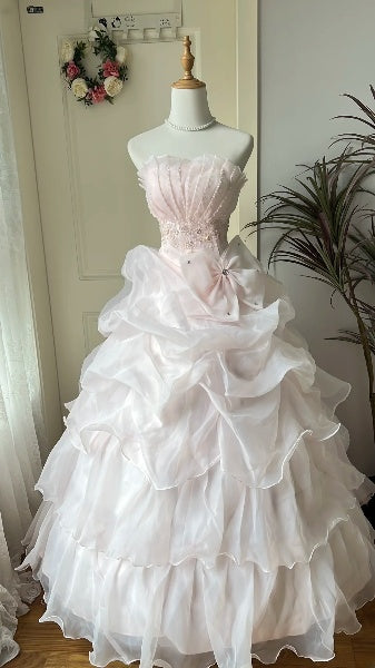Cute Sweet 16 Dress Long Strapless Pink With Tiered Layers Ball Gown Sweet Sixteen Party Birthday Dresses RC0601
