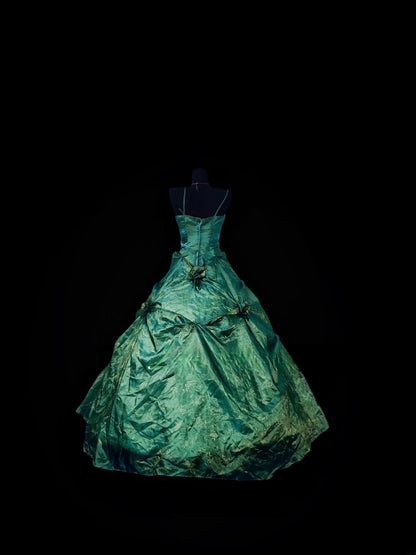 Gothic Spaghetti Straps Sweet 16 Ball Gown,Green 3D Flowers Tulle Long Sweet Sixteen Formal Dress RB9989