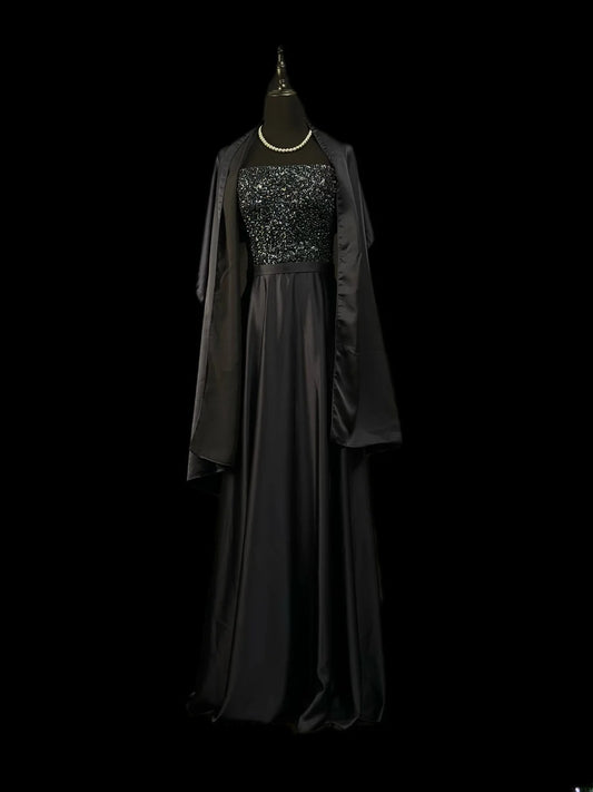 Vintage 90s Prom Dresses A line Off The Shoulder Black Satin With Cape Party Gown Formal Outfits RB6110