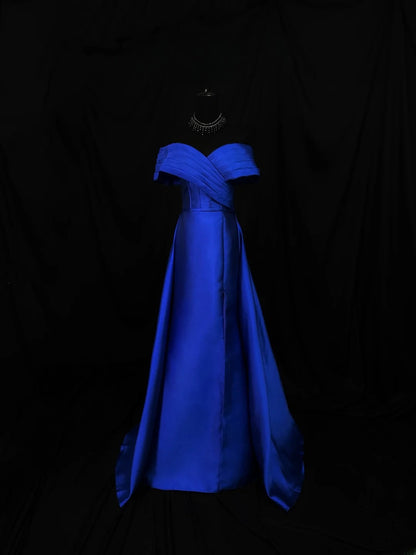 Vintage 90s Prom Dresses Sheath Off The Shoulder Royal Blue Satin With Sleeves Party Gown Formal Outfits RB6111