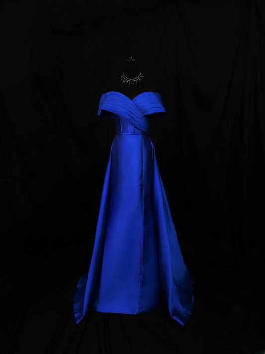 Vintage 90s Prom Dresses Sheath Off The Shoulder Royal Blue Satin With Sleeves Party Gown Formal Outfits RB6111