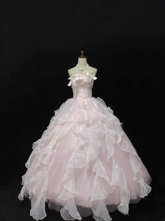 Classy Ball Gowns Strapless Light Pink Poofy Long With Tiered Layers Bow Quince Dress Sweet 16 inspo Quinceanera Dresses Vestidos De 15 anos RB7664