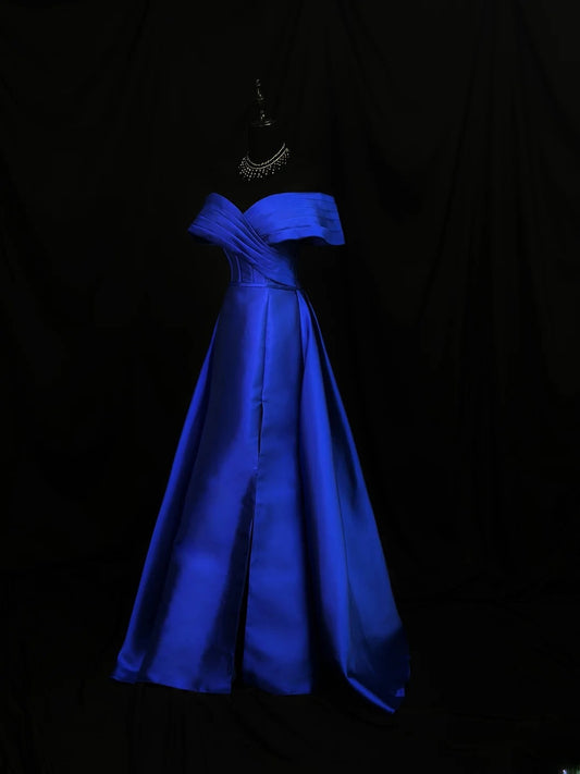 Vintage 90s Prom Dresses Sheath Off The Shoulder Royal Blue Satin With Sleeves Party Gown Formal Outfits RB6111