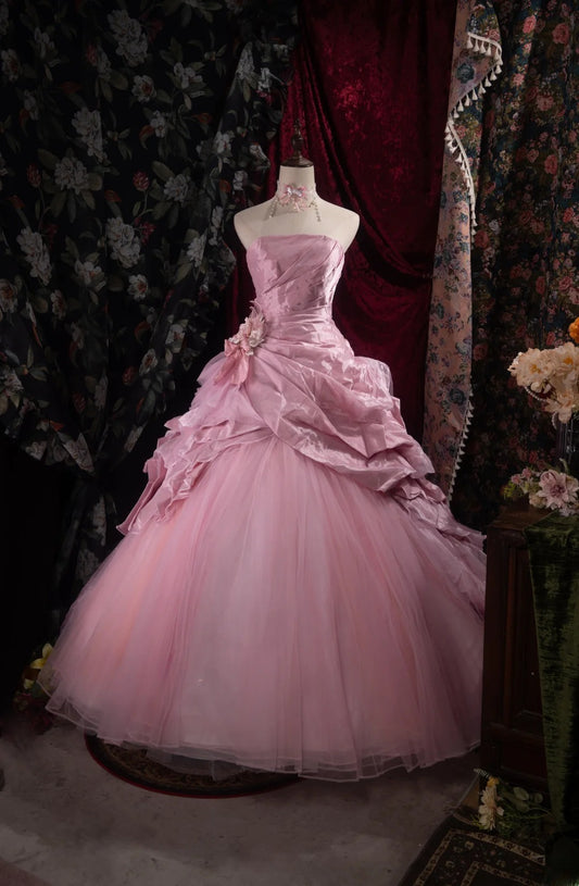 Sophisticated Ball Gown Strapless Pink Tulle Long With Flowers Quince Dress Impress Party Gowns Sweet 16 Outfits RB8519