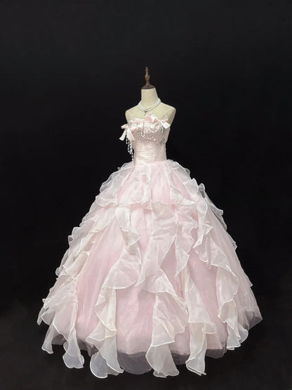 Classy Ball Gowns Strapless Light Pink Poofy Long With Tiered Layers Bow Quince Dress Sweet 16 inspo Quinceanera Dresses Vestidos De 15 anos RB7664