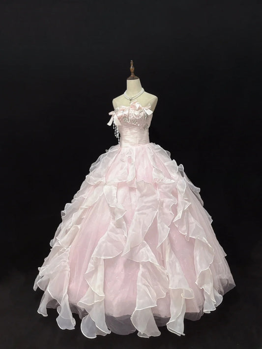 Classy Ball Gowns Strapless Light Pink Poofy Long With Tiered Layers Bow Quince Dress Sweet 16 inspo Quinceanera Dresses Vestidos De 15 anos RB7664