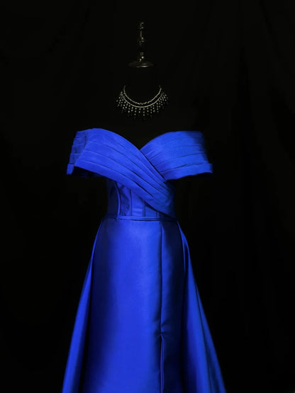Vintage 90s Prom Dresses Sheath Off The Shoulder Royal Blue Satin With Sleeves Party Gown Formal Outfits RB6111