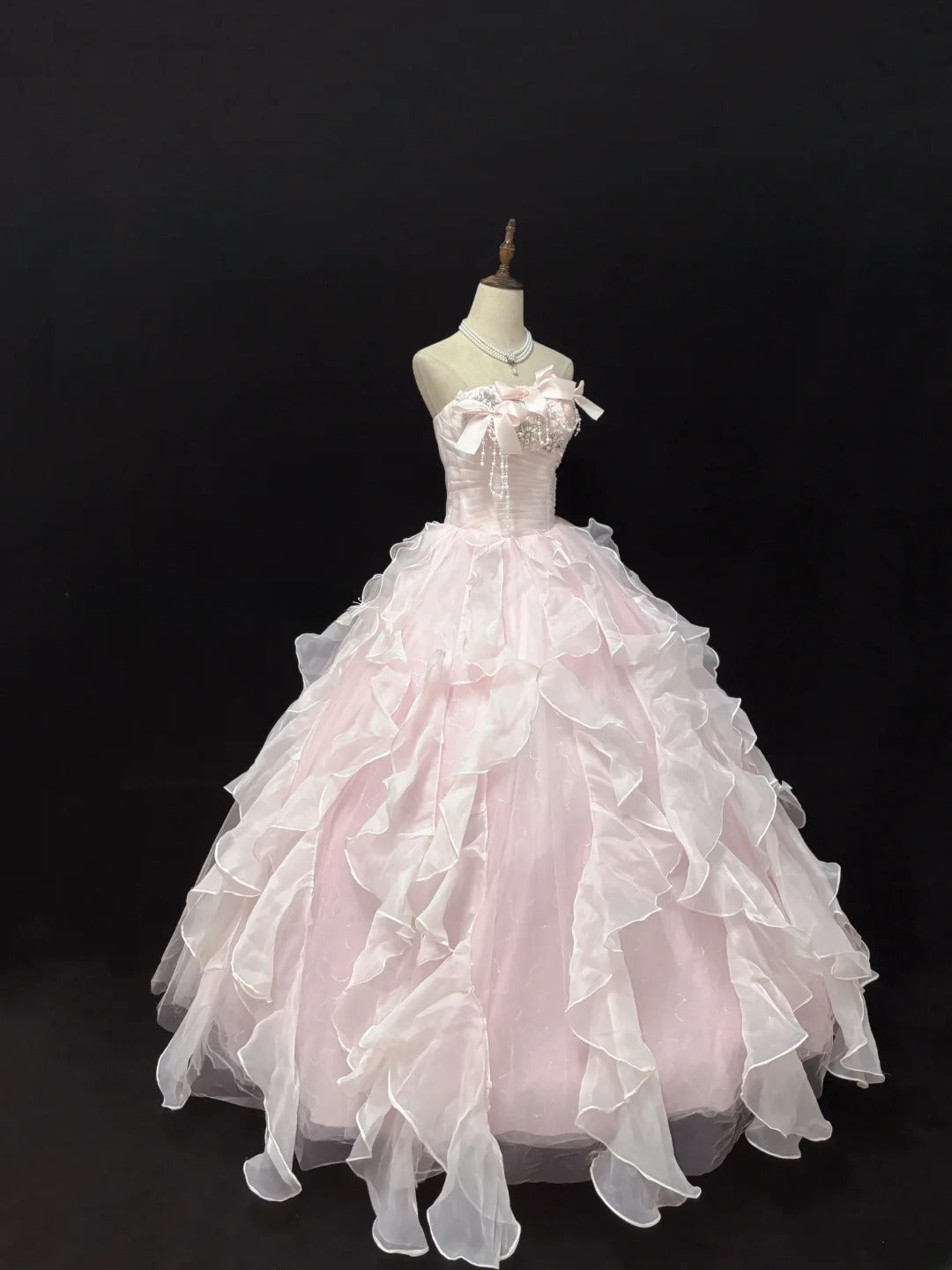 Classy Ball Gowns Strapless Light Pink Poofy Long With Tiered Layers Bow Quince Dress Sweet 16 inspo Quinceanera Dresses Vestidos De 15 anos RB7664