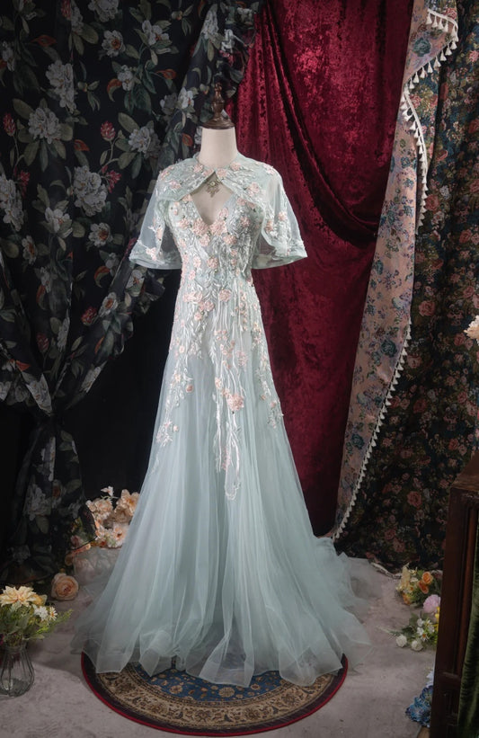 Modest A line V Neckline Tulle With Appliqued High School Dances Prom Dresses Formal Outfits Evening Gown RB8520