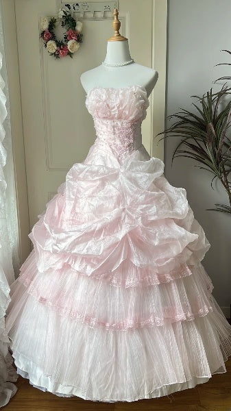 Sweet 15 Quinceanera Dress Ball Gown Strapless Pink With Tiered Layers Long 15th Birthday Outfits RC0603