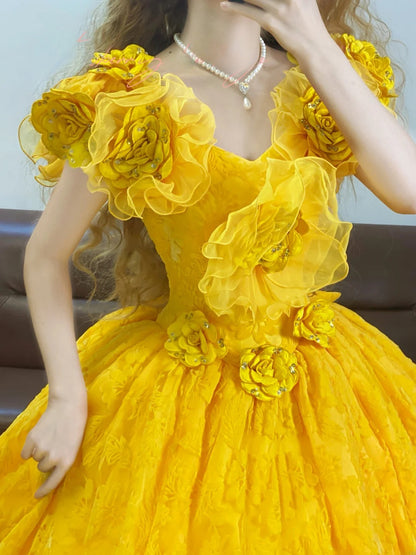 Quinceanera Dress Yellow V Neck With 3D Flowers Long Ball Gown Sweet 15 Gown RB9254