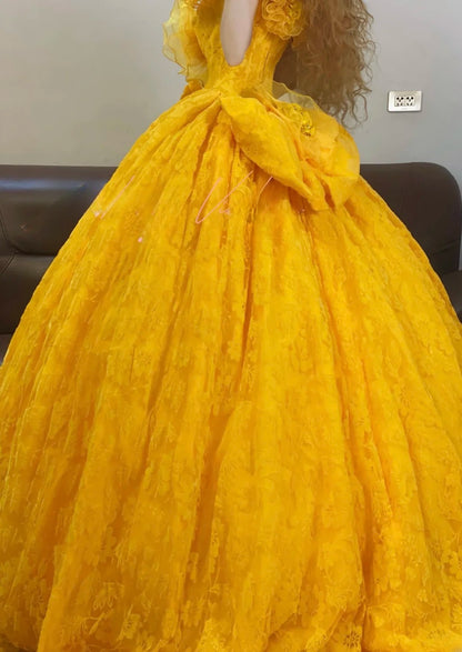 Quinceanera Dress Yellow V Neck With 3D Flowers Long Ball Gown Sweet 15 Gown RB9254