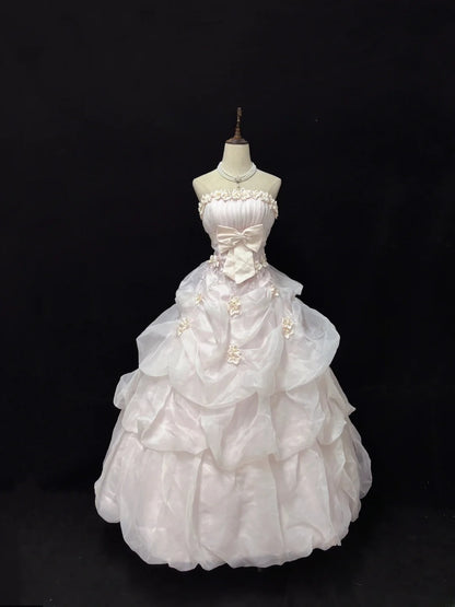 Cute Ball Gowns Strapless Light Pink Poofy Long With Flowers Bow Quince Dress Sweet 16 inspo Quinceanera Dresses Vestidos De 15 anos RB7665