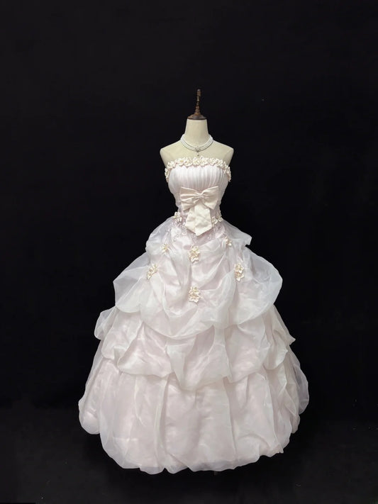 Cute Ball Gowns Strapless Light Pink Poofy Long With Flowers Bow Quince Dress Sweet 16 inspo Quinceanera Dresses Vestidos De 15 anos RB7665