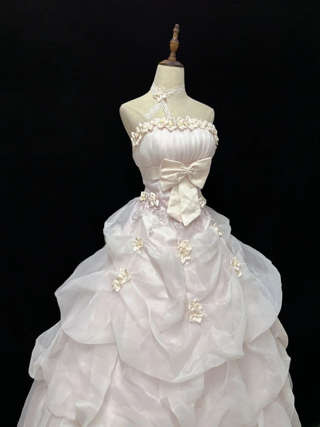 Cute Ball Gowns Strapless Light Pink Poofy Long With Flowers Bow Quince Dress Sweet 16 inspo Quinceanera Dresses Vestidos De 15 anos RB7665