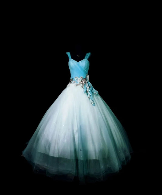 Gothic Spaghetti Straps Sweet 16 Ball Gown,Blue Appliques Tulle Long Sweet Sixteen Formal Dress RB9991