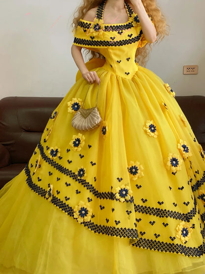 Quinceanera Dress Yellow Halter With 3D Flowers Long Ball Gown Sweet 15 Gown RB9255