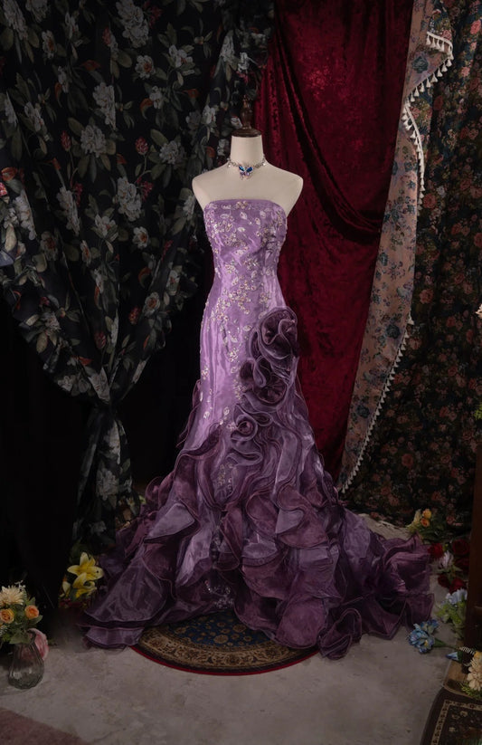 Modest Mermaid Strapless Purple With Tiered Lace High School Dances Prom Dresses Formal Outfits Evening Gown RB8521