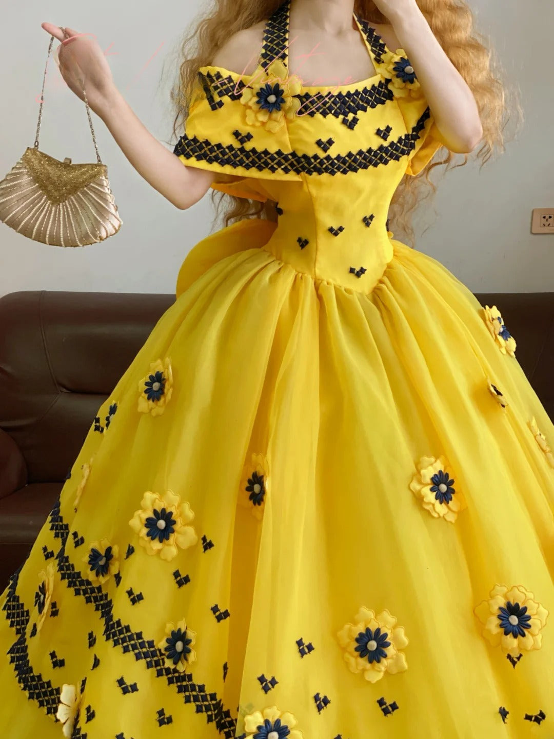 Quinceanera Dress Yellow Halter With 3D Flowers Long Ball Gown Sweet 15 Gown RB9255