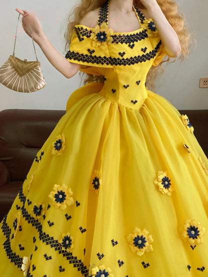 Quinceanera Dress Yellow Halter With 3D Flowers Long Ball Gown Sweet 15 Gown RB9255
