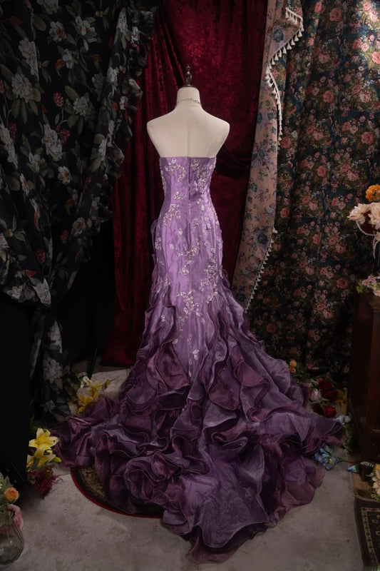 Modest Mermaid Strapless Purple With Tiered Lace High School Dances Prom Dresses Formal Outfits Evening Gown RB8521