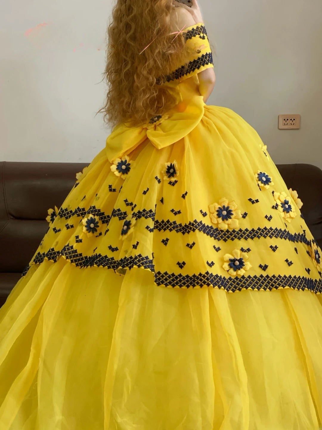 Quinceanera Dress Yellow Halter With 3D Flowers Long Ball Gown Sweet 15 Gown RB9255